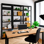 **

> A person using a smartphone to visualize furniture in their home office using an AR app. The scene should show the office space with virtual furniture overlaid on the real environment, displaying shelves, a desk, and plants.

**