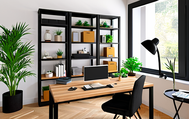**
> A person using a smartphone to visualize furniture in their home office using an AR app. The scene should show the office space with virtual furniture overlaid on the real environment, displaying shelves, a desk, and plants.
**